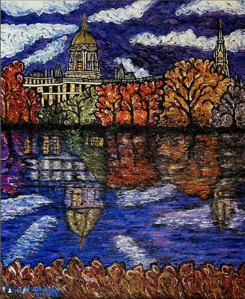 The Golden Globe of the University of Notre Dame seen from Saint Joseph's Lake